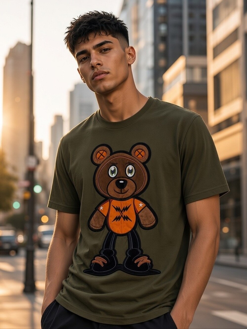 Streetwear Graphic Tee – Olive Green Teddy Bear Patch Shirt | BKYS Style